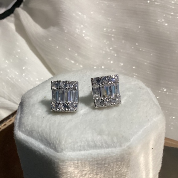Luxurious Square Baguette & Round  cut Zircon Halo  Post back Earrings